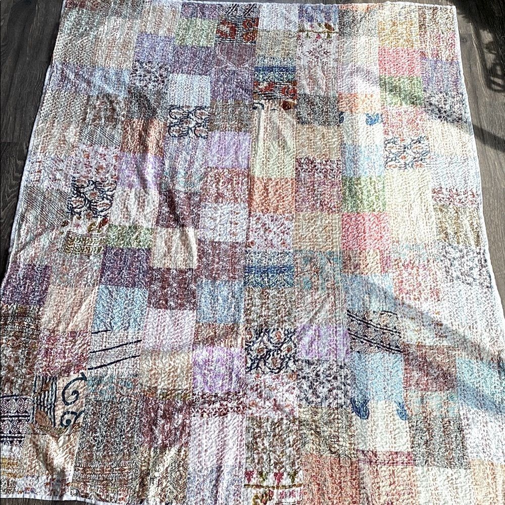Kantha Silk Blend Throw Blanket Patchwork Quilt Multicolor 66” x 86”
